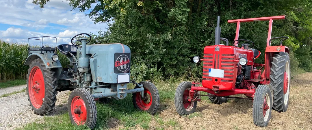 Eicher und IHC Oldtimer-Traktoren auf einem Feldweg